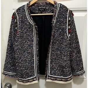 Lea & Viola Womens Multicolor Tweed Tassel Rick‎ Rack Open Front Jacket Large